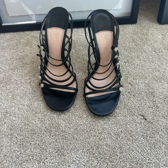 Gucci Marmont Pearl Button Black Strappy Heels - EUC - Picture 3 of 13